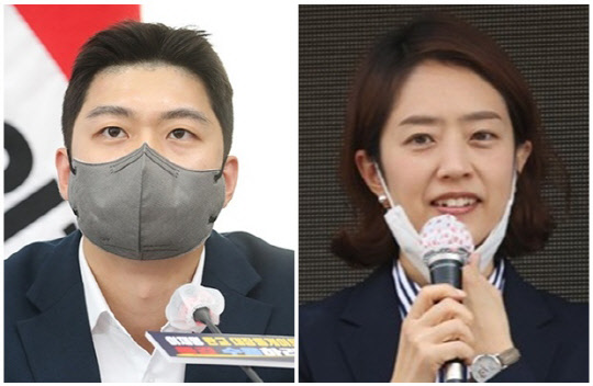 김용태(왼쪽) 국민의힘 청년최고위원과 고민정 더불어민주당 의원. 연합뉴스